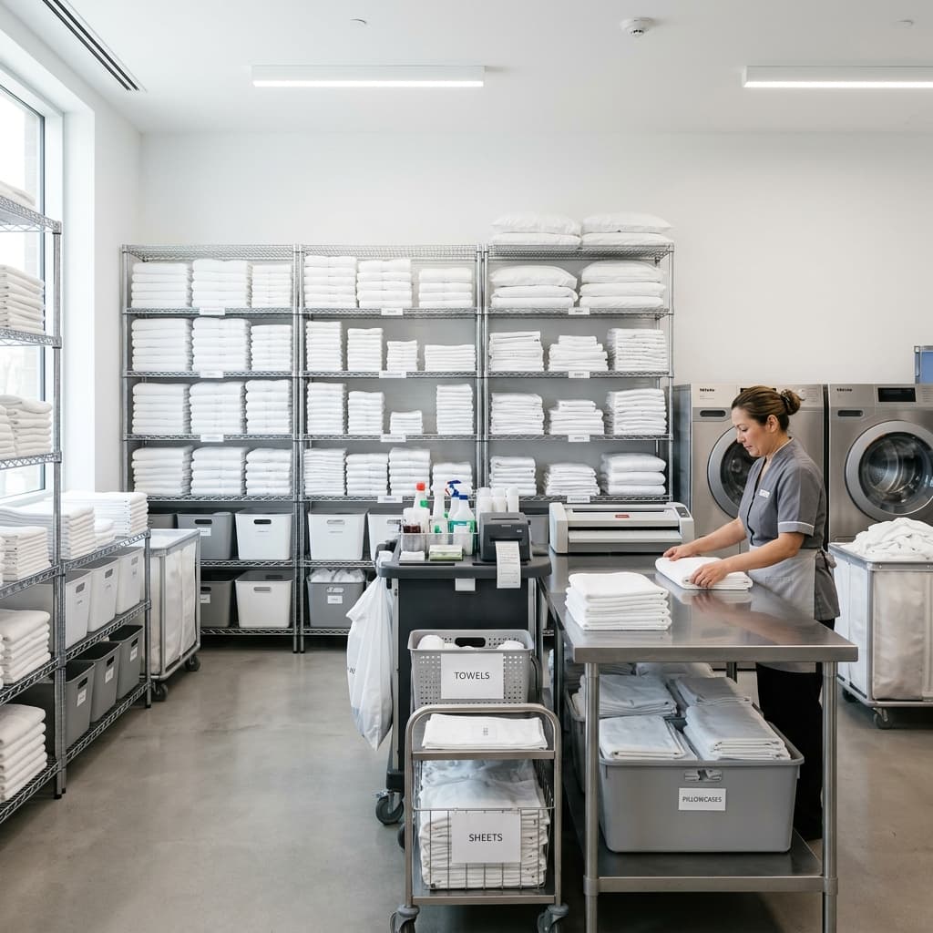 Organised linen management storage room
